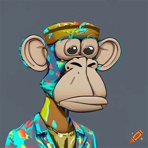 Cartoon ape from bored ape yacht club with rainbow-colored fur and big smile on Craiyon