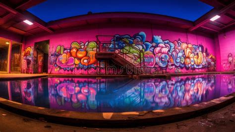 Vibrant Urban Graffiti on a Pink Wall, Reflected in Still Water at Twilight.Generative AI Stock ...