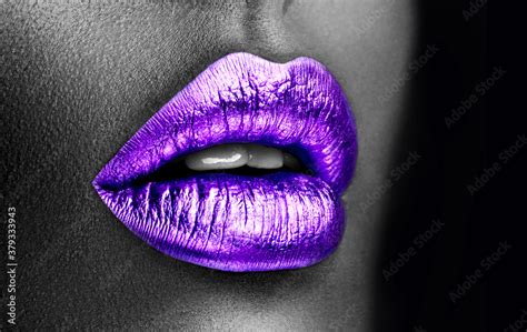 Purple lipstick closeup. Violet metal lips. Beautiful makeup. Sexy lips ...