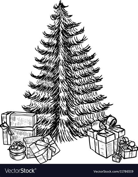 Hand drawn sketch christmas tree and gifts Vector Image