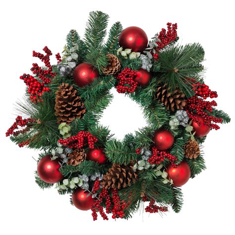 PVC Pine Wreath with Various Pine Styles, Ornaments, and Berry and Leaf ...