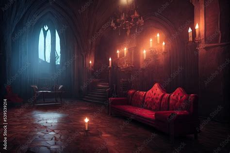 Interior of Dracula castle, victorian living room with table, sofa and ...