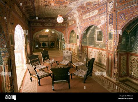 India Rajasthan Samode palace near Jaipur ornately painted sitting room ...