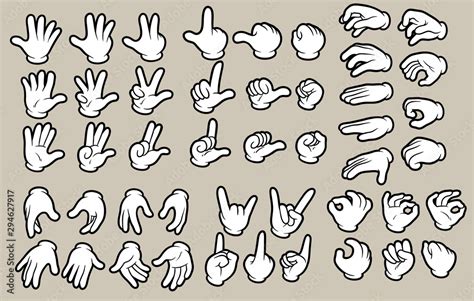 Cartoon white human hands in gloves gesture set. Hands show signs ...