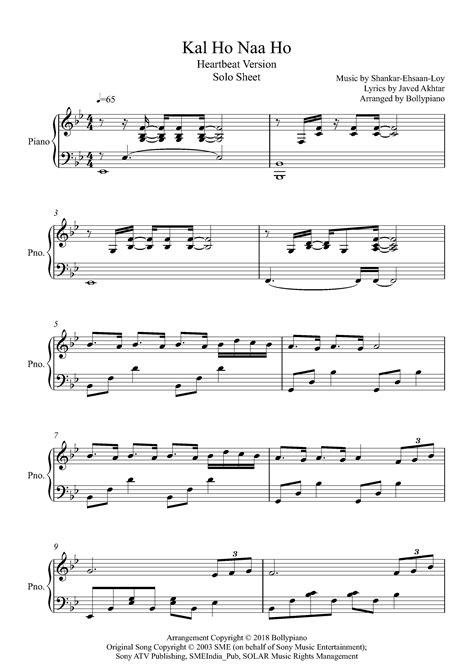 Kal Ho Naa Ho Piano Notes (Heartbeat) | Piano Solo Music Sheet PDF