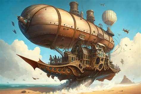 A steampunk airship flying over the ocean. | Premium AI-generated image