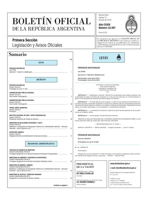 Boletín Oficial de la República Argentina, Número 33.397. 10 de junio de 2016 | PDF | Mauricio ...