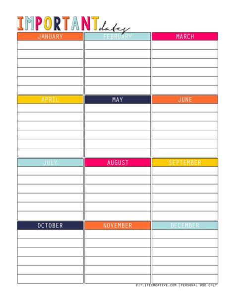 Important Dates Planner Printable - Fit Life Creative | Fitness journal printable, Fitness ...