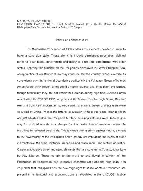 Reaction Paper On West Philippine Sea Dispute | South China Sea | Exclusive Economic Zone