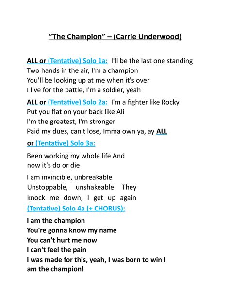 The-Champion-lyrics-only - “The Champion” – (Carrie Underwood) ALL or ...