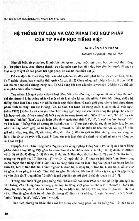 Hệ thống từ loại và các phạm trù ngữ pháp của từ pháp học tiếng việt - Dẫn luận ngôn ngữ - Studocu