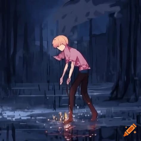 Anime guy walking in the rain on Craiyon