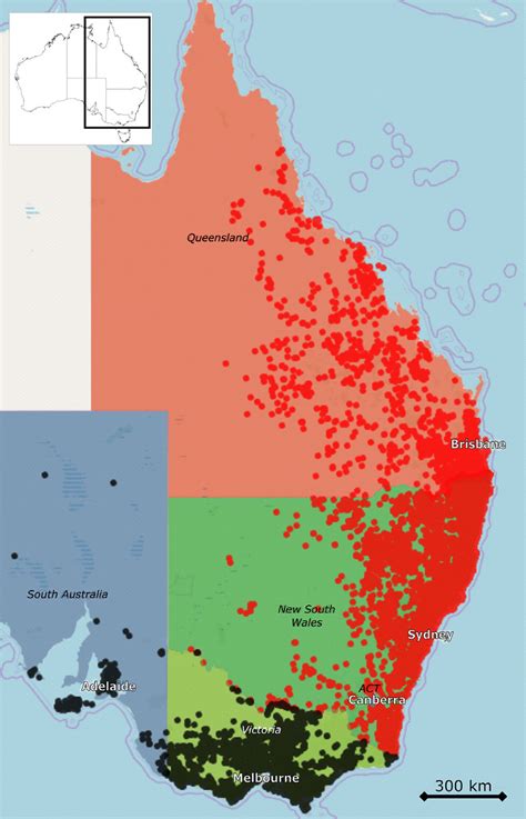 Current range of koalas in Australia. Locations where koalas are listed ...