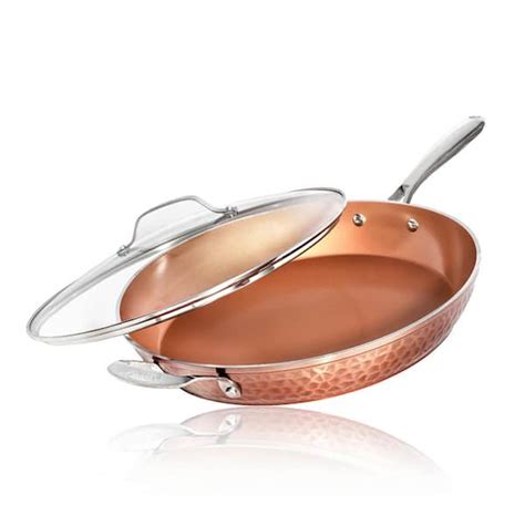 Gotham Steel Hammered Copper 14 in. Aluminum Non-Stick XL Family Frying Pan with Glass Lid 7450 ...