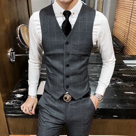 3XL suit vest men business casual mens vest slim design grid vests men Waistcoat gray-in Vests ...