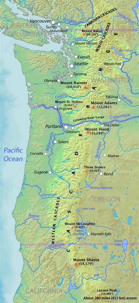 Map of the Cascade Range showing major volcanic peaks | Cascade range, Cascade mountains, Cascade