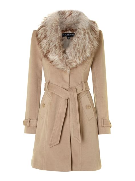 Little Mistress Faux Fur Collar Coat in Beige (White) | Lyst