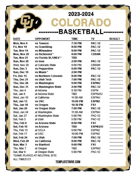 Printable 2023-2024 Colorado Buffaloes Basketball Schedule