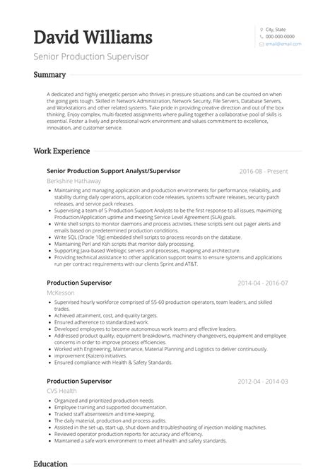 Production Supervisor Resume Template