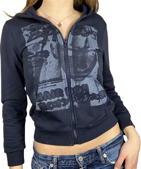 Women Y2K Zip Up Crop Hooded Sweatshirt Face Portrait Hoodies Vintage ...