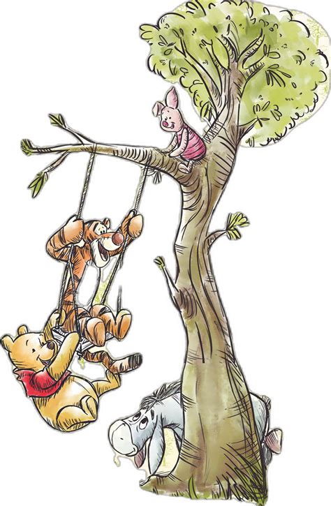 winnie the pooh and tigger swinging from a tree with other characters on it
