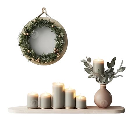Christmas Decoration With Wreath And Candles On Shelf On White Wall Surface, Ribbon Box ...