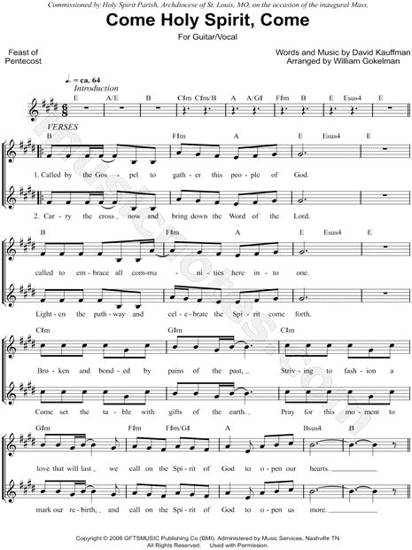 David Kauffman "Come Holy Spirit, Come" Sheet Music (Leadsheet) in E Major - Download & Print ...