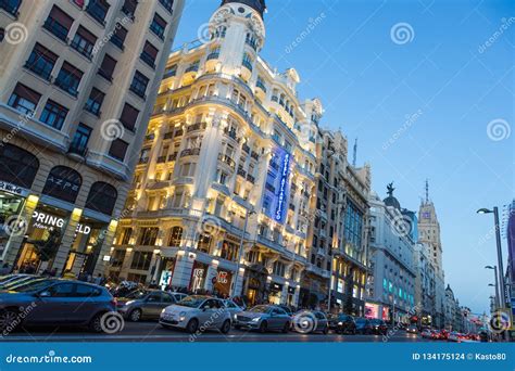 Madrid, Spain. Gran Via, Main Shopping Street at Dusk. Editorial Stock ...