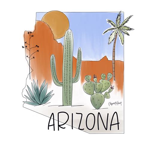 Arizona state outline desert drawing cactuses #watercolor#travel #traveldestinations # ...