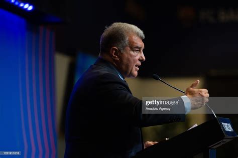 Barcelona President Joan Laporta gives a press conference while... News ...