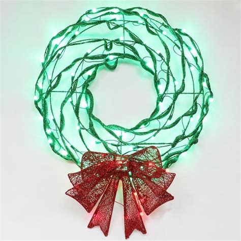 Christmas Plastic Tubed Wreath with Glitter Bow Green and Red LED Lights … | Artificial ...