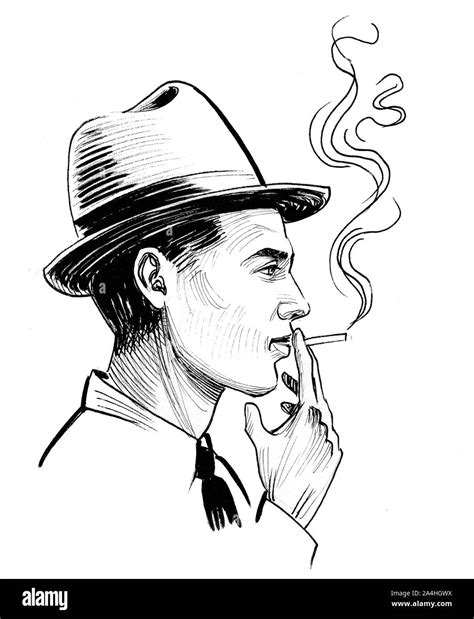 Smoking gangster. Ink black and white drawing Stock Photo - Alamy