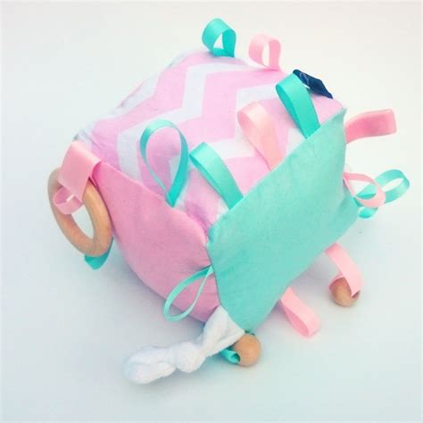 BABY PINK AND MINT CHEVRON COGNITIVE ACTIVITY CUBE WOODEN RING TEETHER TEETHING CHEW GUM RELIEF ...