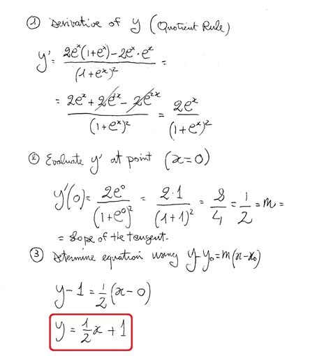 How do you find the equation of the tangent to the curve defined by y= (2e^x) / (1+e^x) at the ...