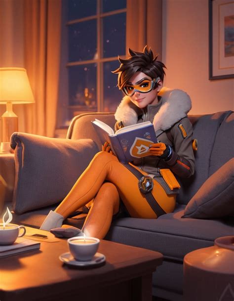 Tracer (Overwatch) having a cozy night in, snuggled up on the couch ...