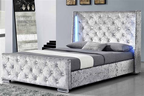 Diamante Silver Crushed Velvet LED Lights Winged King Size Bed Frame in ...