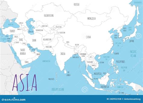 Labeled Black And White Map Of Asia