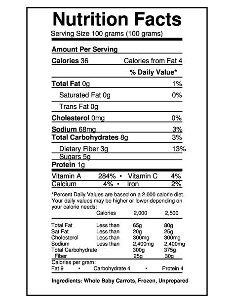 Nutrition Facts and Ingredients - Whole Baby Carrots - Vegetables - Frozen - Our Products