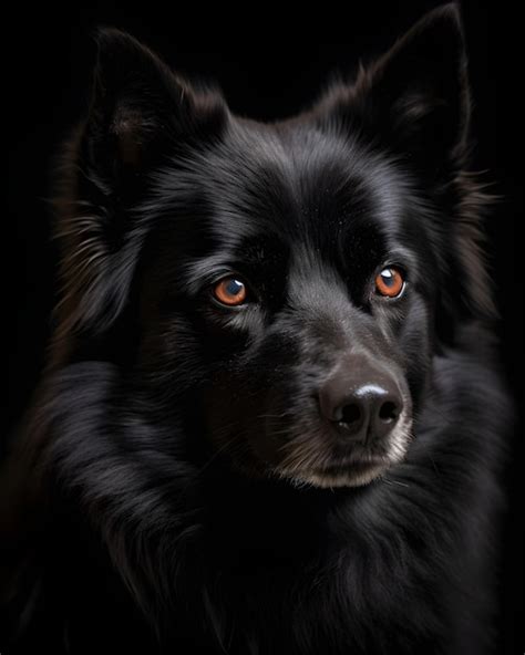 Premium AI Image | A black dog with red eyes is sitting in front of a ...