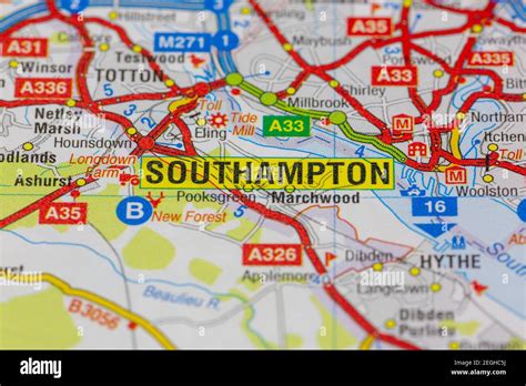 Southampton and surrounding areas shown on a road map or geography map ...