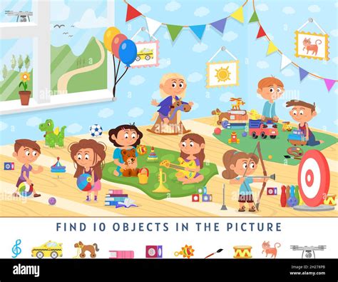 Find 10 objects. Kids game, school activity background. Funny mind exercise, memory training ...