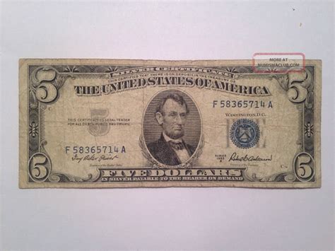 Old 1953 Five Dollar Bill $5 Blue Seal Silver Certificate Note ...