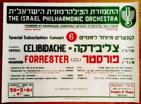 1961 OPERA CONCERT POSTER Israel CELIBIDACHE Vocal MAUREEN FORRESTER Haydn RAVEL £100.70 ...