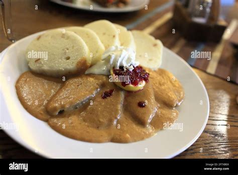 Czech goulash with the bread dumplings in the restaurant Stock Photo - Alamy