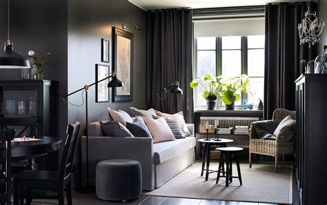 Small open plan dark grey living room and dining area and a medium grey ...