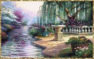 a painting of a garden scene with flowers and trees in the background ...