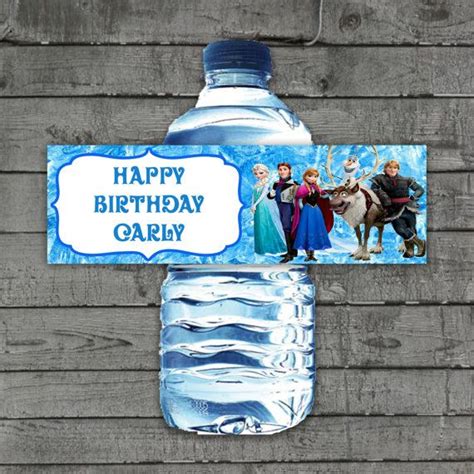 a water bottle label with an image of frozen princesses and the words happy birthday cary