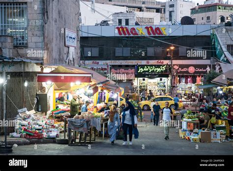 Ramallah, Palestine - June 2019: The central Souq or market, also called the Hesbeh in Ramallah ...