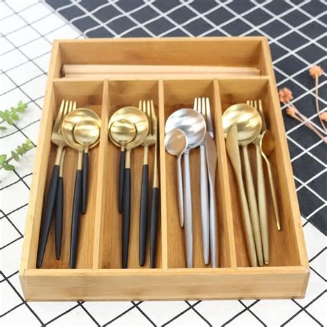 5 Grid Kitchen Cutlery Storage Box Expandable Cutlery Tray Bamboo Drawer Organizer for kitchen ...