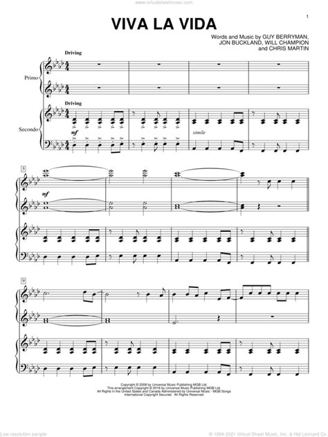 Viva La Vida sheet music for piano four hands (PDF-interactive)